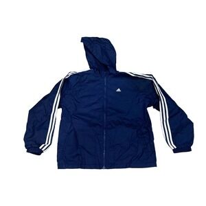 Vtg Adidas Jacket Logo Stripe Arms Blue Windbreaker Hood Nylon XL Boys Read